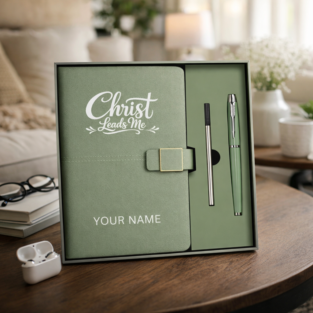 Personalized “Christ Leads Me” Faith Journal & Pen Set – Christian PU Leather Notebook