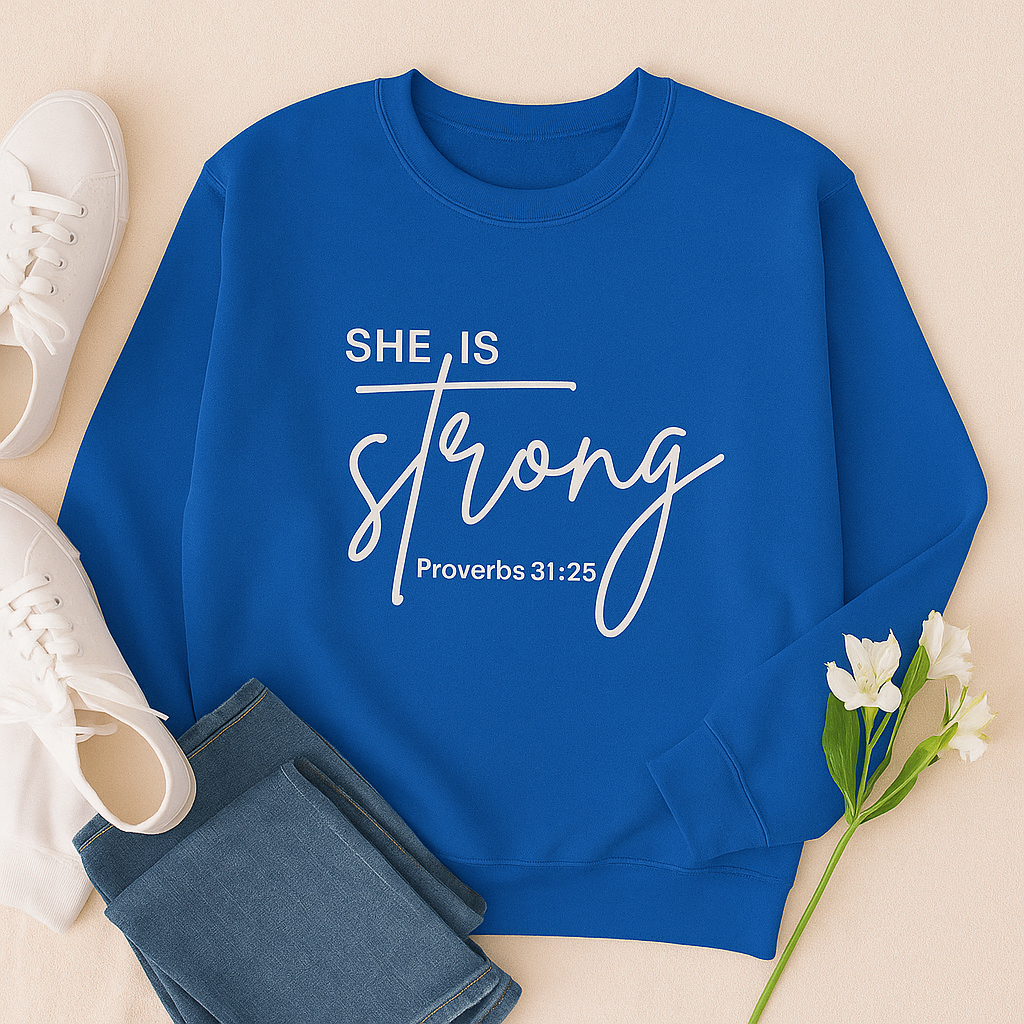 She Is Strong Sweatshirt | Proverbs 31:25 Christian Apparel