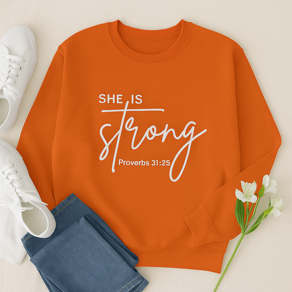 She Is Strong Sweatshirt | Proverbs 31:25 Christian Apparel