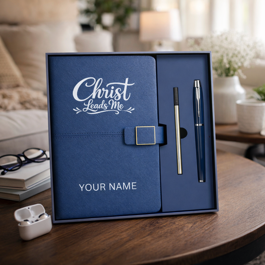Personalized “Christ Leads Me” Faith Journal & Pen Set – Christian PU Leather Notebook