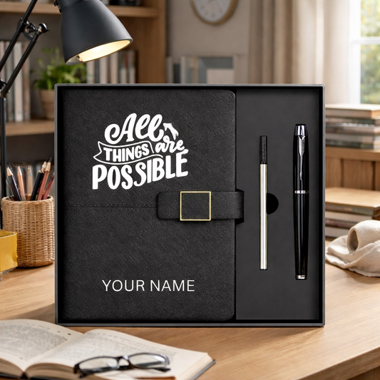 Personalized “All Things Are Possible” Inspirational Journal & Pen Set – PU Leather Notebook with Custom Name
