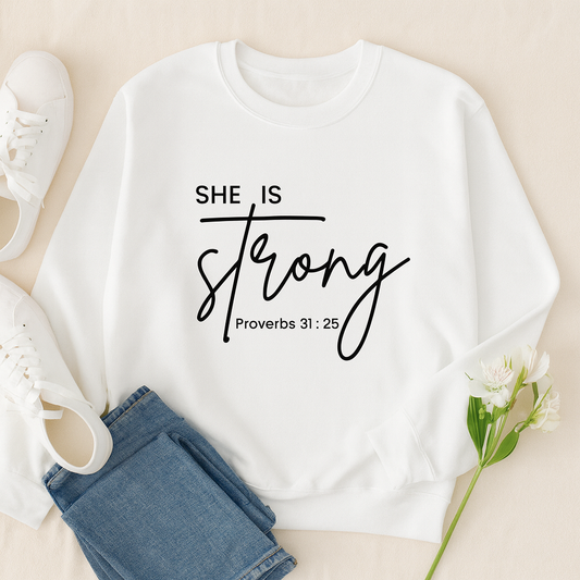 She Is Strong Sweatshirt | Proverbs 31:25 Christian Apparel