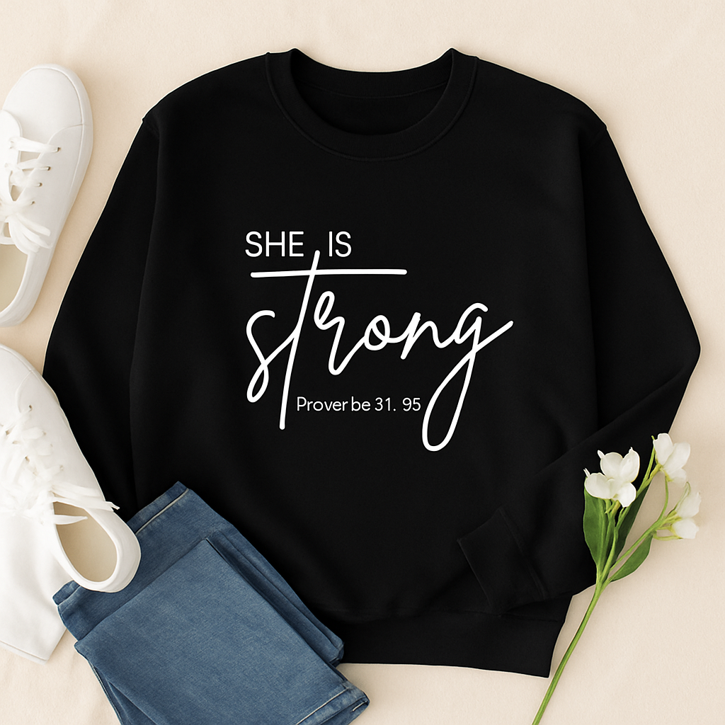 She Is Strong Sweatshirt | Proverbs 31:25 Christian Apparel