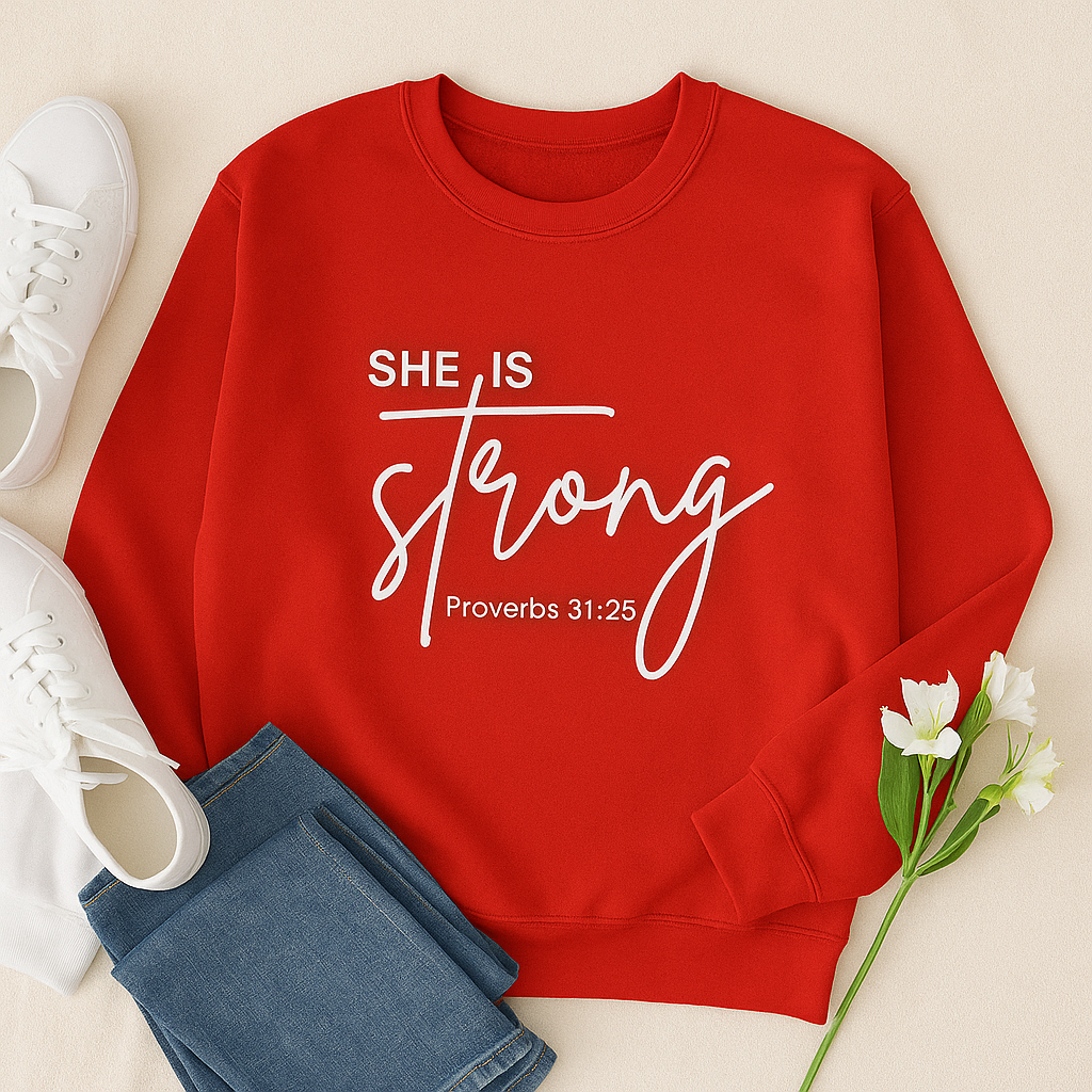 She Is Strong Sweatshirt | Proverbs 31:25 Christian Apparel