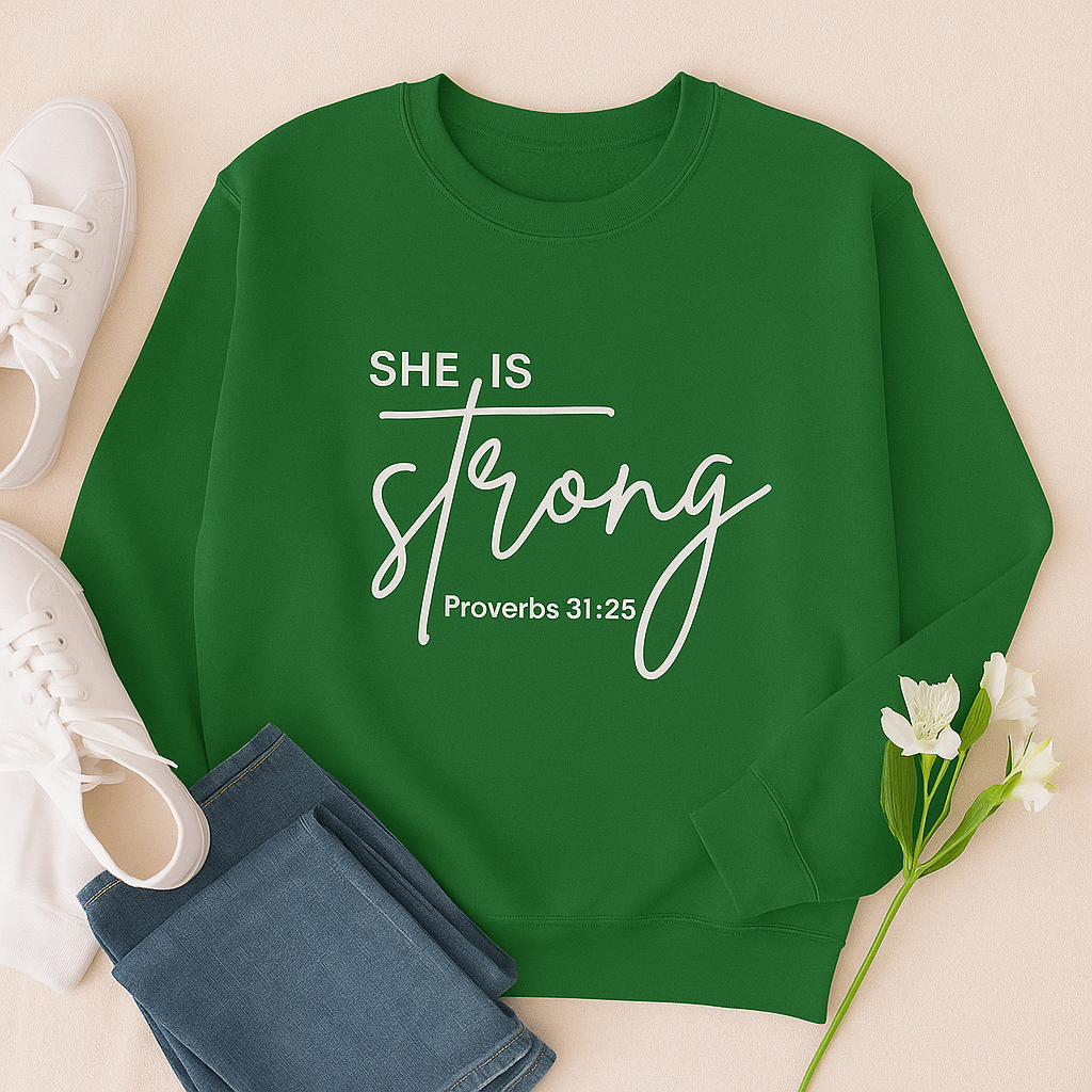 She Is Strong Sweatshirt | Proverbs 31:25 Christian Apparel
