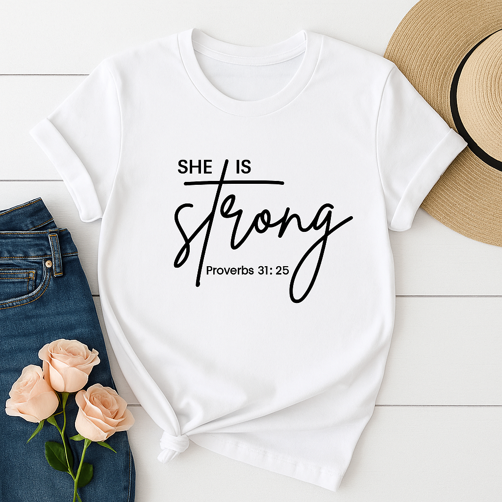 She Is Strong | Proverbs 31:25 Christian T-Shirt