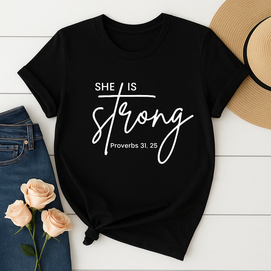 She Is Strong | Proverbs 31:25 Christian T-Shirt
