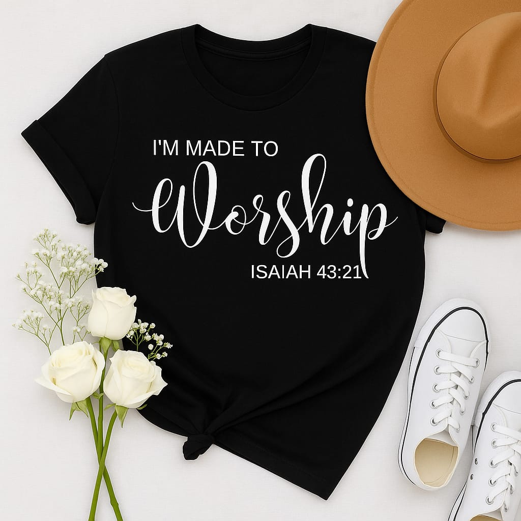 "I'm Made to Worship" Christian T-Shirt – Isaiah 43:21 Tee