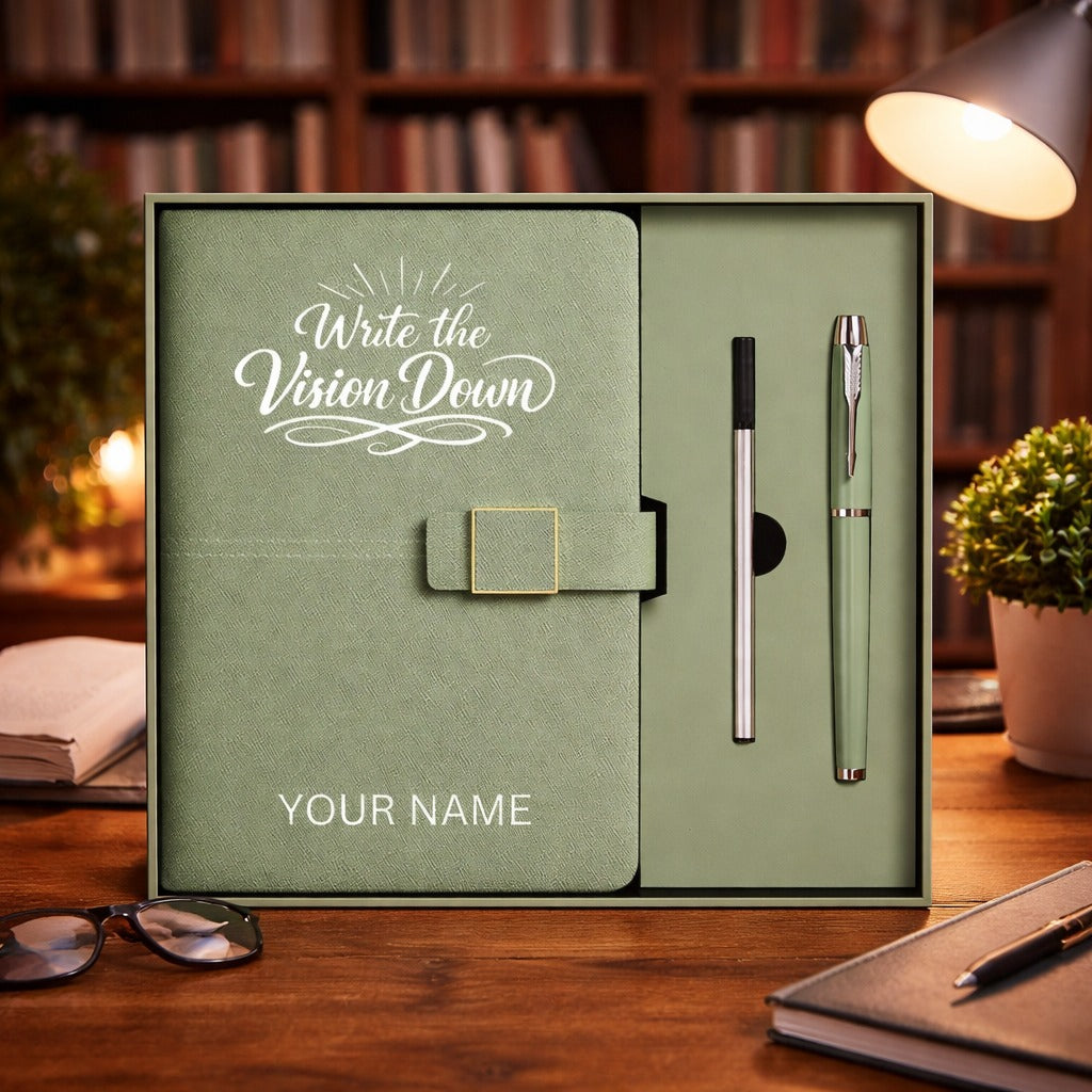 Personalized “Write the Vision Down” Inspirational Journal & Pen Set – PU Leather Notebook with Custom Name